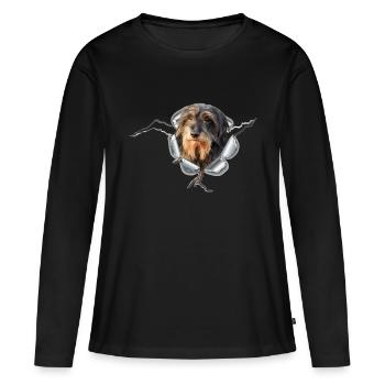 Rauhaardackel im *Metall-Loch* - Frauen Premium Bio Langarmshirt - Schwarz - Vorne - Julia (174cm)