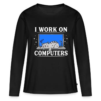 I Work on Computers Funny Cat - Frauen Premium Bio Langarmshirt - Schwarz - Vorne - Julia (174cm)