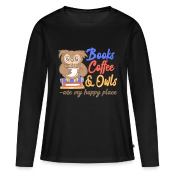 Livres Café Et Hiboux Sont Mon Lieu Heureux - T-shirt manches longues Premium bio Femme - noir - Devant - Julia (174cm)