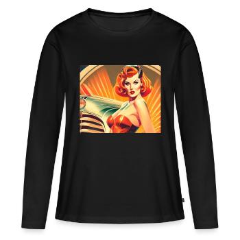 Femme vintage dans le style des années 1950 et 1960 - T-shirt manches longues Premium bio Femme - noir - Devant - Julia (174cm)