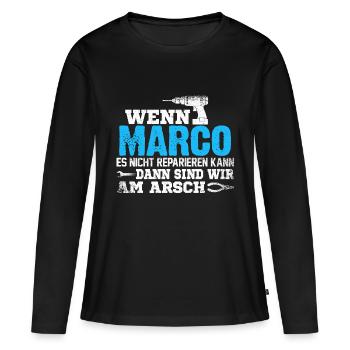 MARCO - kann es reparieren - Frauen Premium Bio Langarmshirt - Schwarz - Vorne - Julia (174cm)