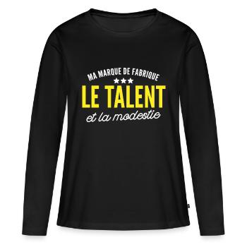 talent et modestie / citation humour - T-shirt manches longues Premium bio Femme - noir - Devant - Julia (174cm)