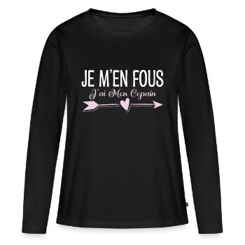 Je m'en fous j'ai mon copain. Cadeau copain copine - T-shirt manches longues Premium bio Femme - noir - Devant - Julia (174cm)
