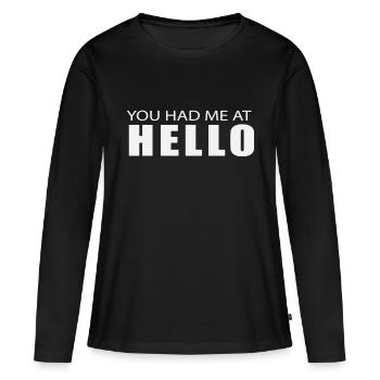Tu m’as eu au Hello - T-shirt manches longues Premium bio Femme - noir - Devant - Julia (174cm)