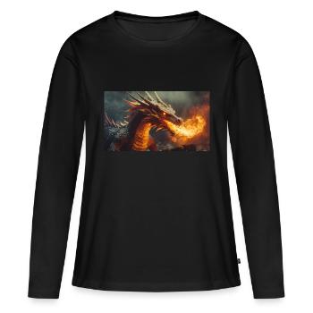 Ein realistischer, majestätischer dunkler Drache, der Flammen speit - Frauen Premium Bio Langarmshirt - Schwarz - Vorne - Julia (174cm)