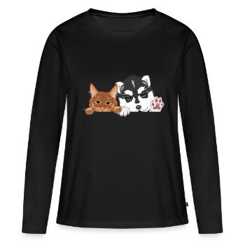 Peeking funny ginger cat and husky dog - Women's Premium Organic Long Sleeve Shirt - black - Front - Julia (174cm)