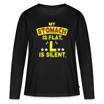 My stomach is flat - Just the « L » is silent - T-shirt manches longues Premium bio Femme - noir - Devant - Julia (174cm)