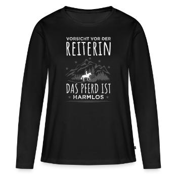 Vorsicht Reiterin Pferde Spruch Pferd Reiter Berge - Frauen Premium Bio Langarmshirt - Schwarz - Vorne - Julia (174cm)
