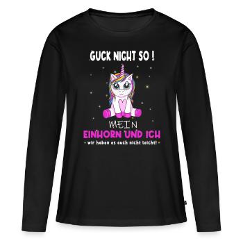 Guck nicht so - witziger Einhorn Spruch - Frauen Premium Bio Langarmshirt - Schwarz - Vorne - Julia (174cm)
