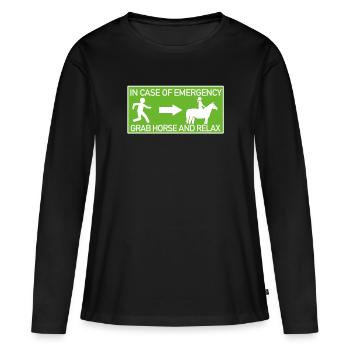 Cavalier avec cheval drôle panneau d’itinéraire d’évasion - T-shirt manches longues Premium bio Femme - noir - Devant - Julia (174cm)