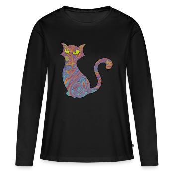 Chat psychédélique - T-shirt manches longues Premium bio Femme - noir - Devant - Julia (174cm)