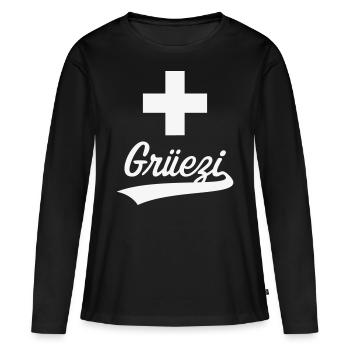 Grüezi Schriftzug (Schweiz / Schweizerfahne) - Frauen Premium Bio Langarmshirt - Schwarz - Vorne - Julia (174cm)