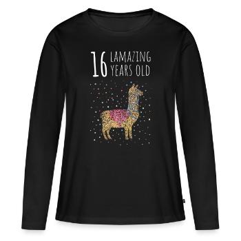 Anniversaire Seize 16ème Lama Alpaga - T-shirt manches longues Premium bio Femme - noir - Devant - Julia (174cm)