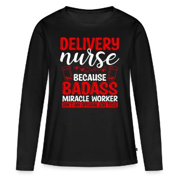Infirmière d’accouchement Faiseur de miracles Soins infirmiers Essentiels - T-shirt manches longues Premium bio Femme - noir - Devant - Julia (174cm)