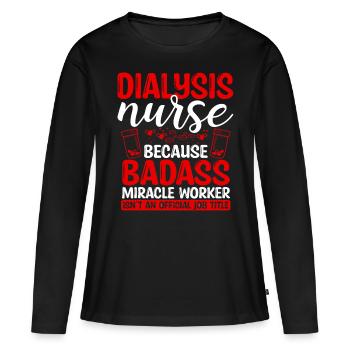 Infirmière en dialyse Faiseur de miracles Soins infirmiers Essentiels - T-shirt manches longues Premium bio Femme - noir - Devant - Julia (174cm)