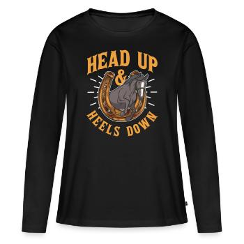 La tête en haut et les talons vers le bas Cavalier Équitation - T-shirt manches longues Premium bio Femme - noir - Devant - Julia (174cm)