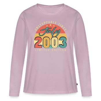 Né en juillet 2003 - T-shirt manches longues Premium bio Femme - rose poudré - Devant - Julia (174cm)
