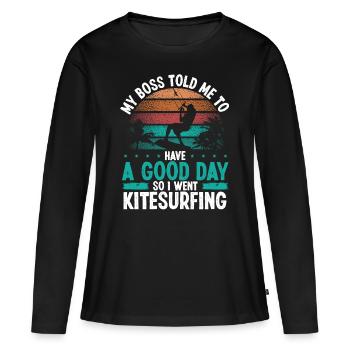 Kiteboard Mon patron m’a dit Bonne Journée Kitesurf - T-shirt manches longues Premium bio Femme - noir - Devant - Julia (174cm)