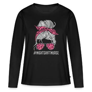 Infirmière De nuit Quart Rose Léopard Infirmière INFIRMIÈRE AIIC - T-shirt manches longues Premium bio Femme - noir - Devant - Julia (174cm)