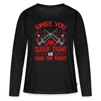 Infirmière aux urgences Trois quarts de nuit consécutifs Salle d’urgence - T-shirt manches longues Premium bio Femme - noir - Devant - Julia (174cm)