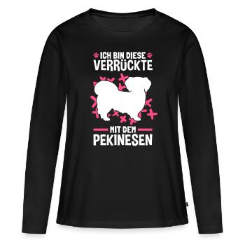 Verrückte mit Pekinese Peking-Palasthund - Frauen Premium Bio Langarmshirt - Schwarz - Vorne - Julia (174cm)