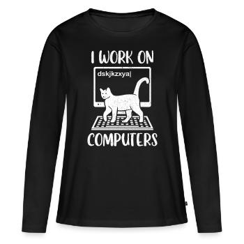 Katze Kätzchen Katzenmama I Work On Computers - Frauen Premium Bio Langarmshirt - Schwarz - Vorne - Julia (174cm)