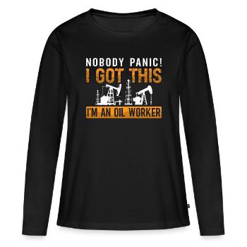 Travailleurs des champs pétrolifères personne panique J’ai une plate-forme pétrolière - T-shirt manches longues Premium bio Femme - noir - Devant - Julia (174cm)