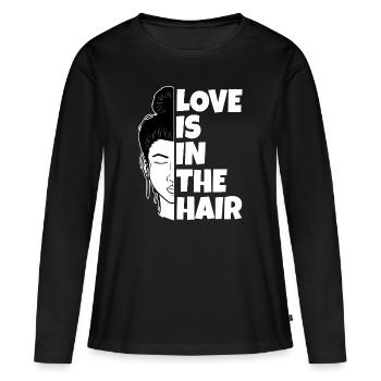 L’amour est dans les cheveux - T-shirt manches longues Premium bio Femme - noir - Devant - Julia (174cm)
