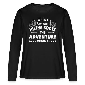 Wandern The Adventure Begins Trekking Wanderer - Frauen Premium Bio Langarmshirt - Schwarz - Vorne - Julia (174cm)