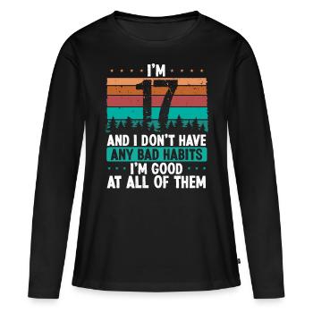 Anniversaire de 17 ans Humour drôle 17 Anniversaire - T-shirt manches longues Premium bio Femme - noir - Devant - Julia (174cm)