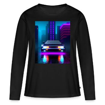 Vaporwave Aesthetic Sportwagen Regen Hochhäuser - Frauen Premium Bio Langarmshirt - Schwarz - Vorne - Julia (174cm)