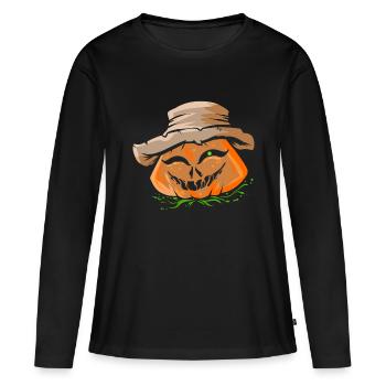 Lanterne de citrouille avec chapeau de fermier Jack O Lantern - T-shirt manches longues Premium bio Femme - noir - Devant - Julia (174cm)