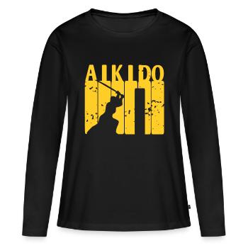 Un combattant d’Aïkido s’entraîne à l’épée dans le dojo - T-shirt manches longues Premium bio Femme - noir - Devant - Julia (174cm)