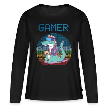 Gamer Jeux vidéo rétro Jeux vintage Funny Croco - T-shirt manches longues Premium bio Femme - noir - Devant - Julia (174cm)
