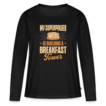 Mon superpouvoir est de construire une tour de petit-déjeuner - T-shirt manches longues Premium bio Femme - noir - Devant - Julia (174cm)