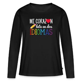 Mi corazon late en dos idiomas, bilingual Spanish - Frauen Premium Bio Langarmshirt - Schwarz - Vorne - Julia (174cm)