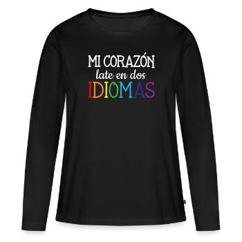 Mi corazon late en dos idiomas, bilingual Spanish - Frauen Premium Bio Langarmshirt - Schwarz - Vorne - Julia (174cm)