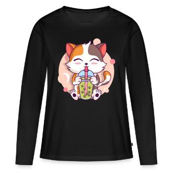 Anime Kawaii Cat Boissons Boba Thé à bulles - T-shirt manches longues Premium bio Femme - noir - Devant - Julia (174cm)