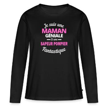 Je suis une Maman géniale Et une sapeur pompier - T-shirt manches longues Premium bio Femme - noir - Devant - Julia (174cm)