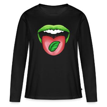 Lèvres vertes de la bouche avec feuille sur la langue, allez - T-shirt manches longues Premium bio Femme - noir - Devant - Julia (174cm)