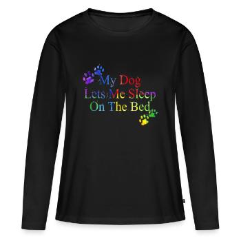Mon chien me laisse dormir sur le lit | Cadeaux Amoureux des Chiens - T-shirt manches longues Premium bio Femme - noir - Devant - Julia (174cm)
