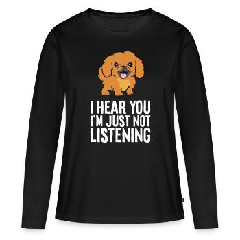 Chien pékinois Je t’entends Je n’écoute pas Pe - T-shirt manches longues Premium bio Femme - noir - Devant - Julia (174cm)