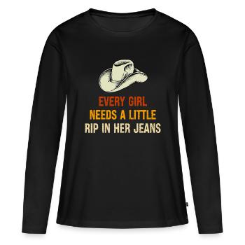 Chaque fille a besoin d’une petite déchirure dans son jean vintage - T-shirt manches longues Premium bio Femme - noir - Devant - Julia (174cm)