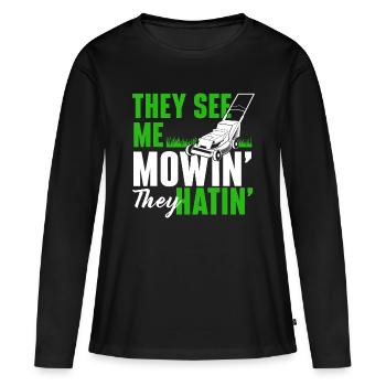Ils me voient Mowin Ils Haïns - Jardinage Pelouse Mowe - T-shirt manches longues Premium bio Femme - noir - Devant - Julia (174cm)
