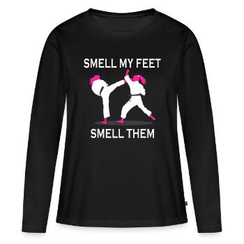 Drôle Karate Girl kick foot Smell my feet smell th - T-shirt manches longues Premium bio Femme - noir - Devant - Julia (174cm)