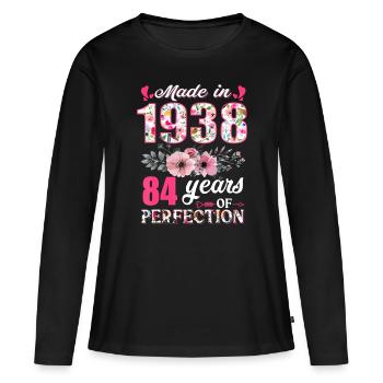 Fabriqué en 1938 Floral 84 ans 84e anniversaire cadeau - T-shirt manches longues Premium bio Femme - noir - Devant - Julia (174cm)