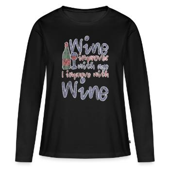 Le vin s’améliore avec l’âge, je m’améliore avec le vin 3 - T-shirt manches longues Premium bio Femme - noir - Devant - Julia (174cm)