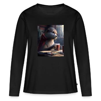 Otter Lovers Nerd Otter Drinking Coffee - Women's Premium Organic Long Sleeve Shirt - black - Front - Julia (174cm)