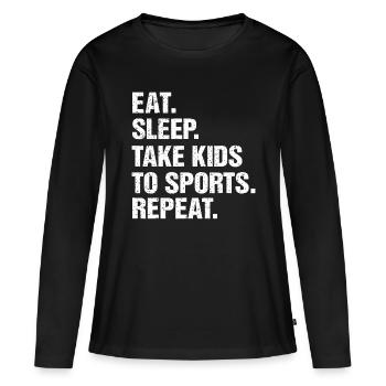 Cadeau VINTAGE, Eat Sleep Emmenez les enfants au sport Répétez - T-shirt manches longues Premium bio Femme - noir - Devant - Julia (174cm)