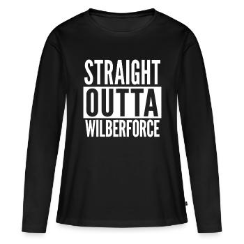 Wilberforce Straight Outta College University Alaun - Frauen Premium Bio Langarmshirt - Schwarz - Vorne - Julia (174cm)